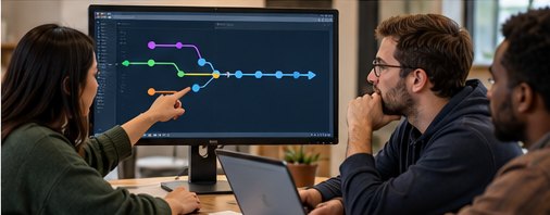 Команда разработчиков обсуждает объединение веток Git